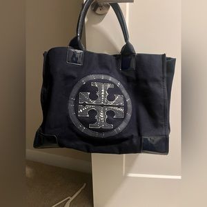 Tory Burch Navy Blue Expandable Logo Large Canvas Tote Bag